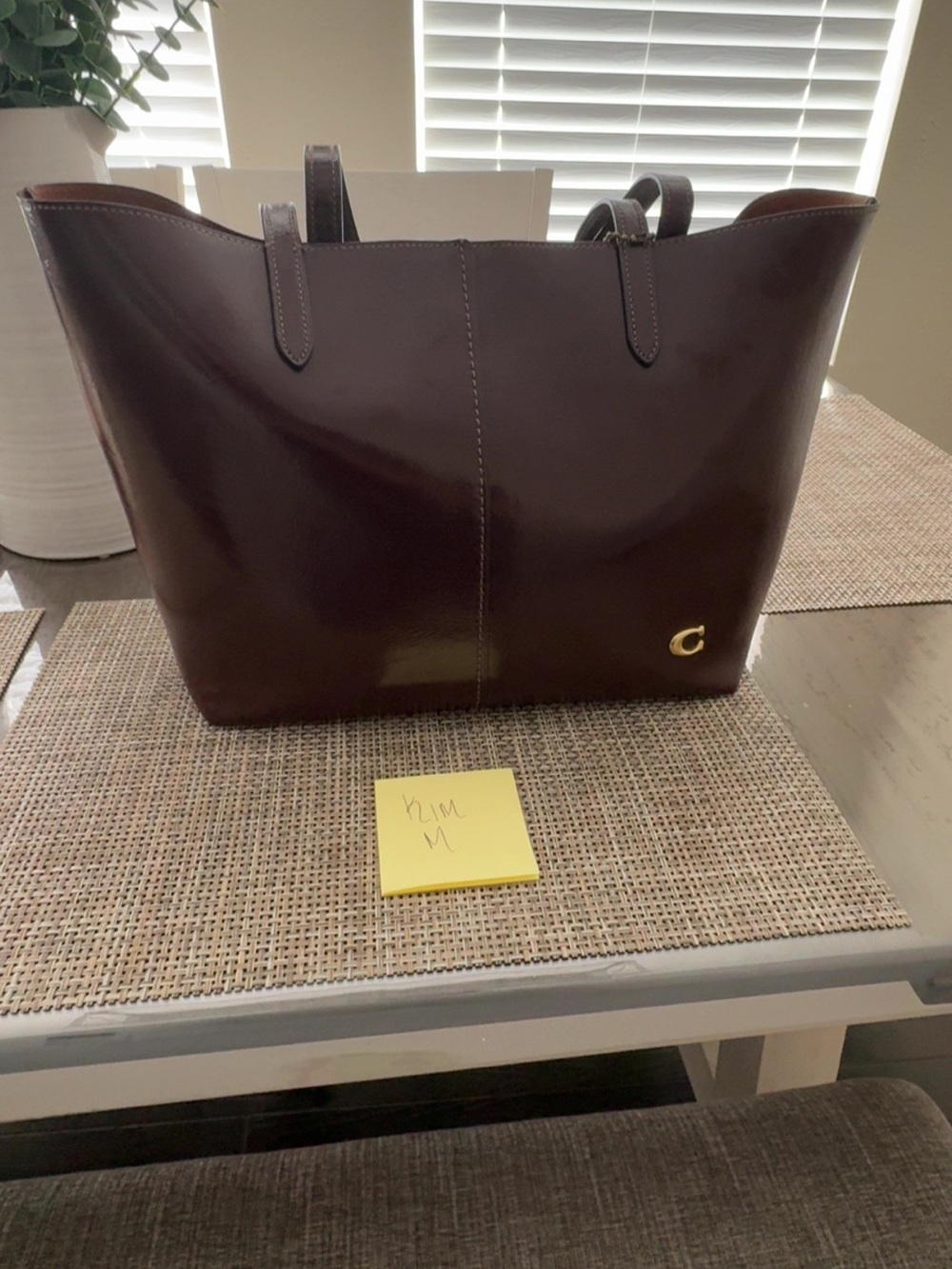 Coach Dark Brown Leather Tote with Gold 'C' Emblem